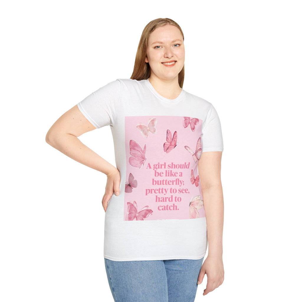 T-Shirt — Pink Butterfly Quote Tee (“A girl should be like a butterfly…”)