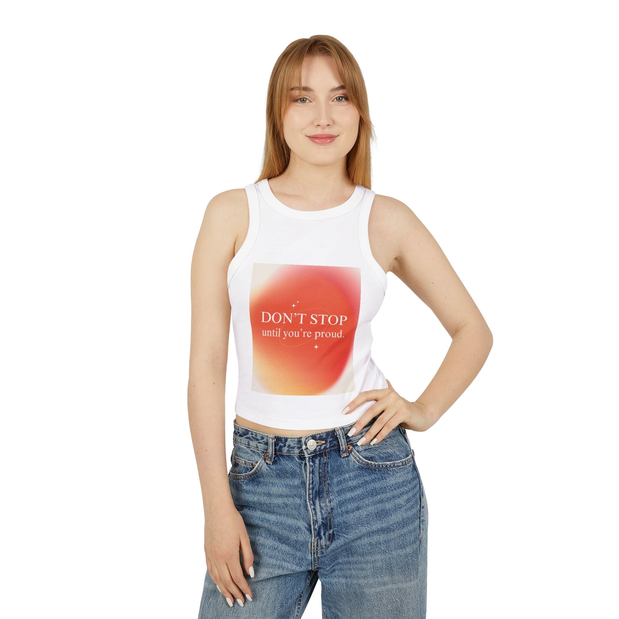 Motivational Floral Racer Tank — "Don't Stop Until You're Proud" Women's Crop Tank