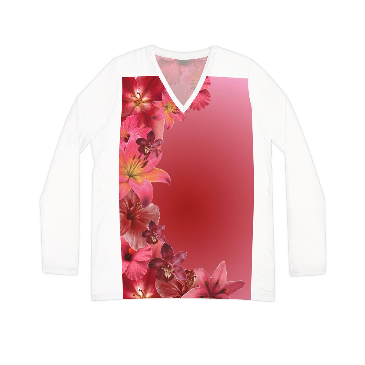 Bloom Gradient V-Neck Shirt | Floral Flow Long Sleeve Top | Ombre Blossom V-Neck Shirt | Garden Grace Long Sleeve Shirt | Floral Breeze V-Neck Top | Blooming Elegance Gradient Shirt | Petal Gradient Long Sleeve Top
