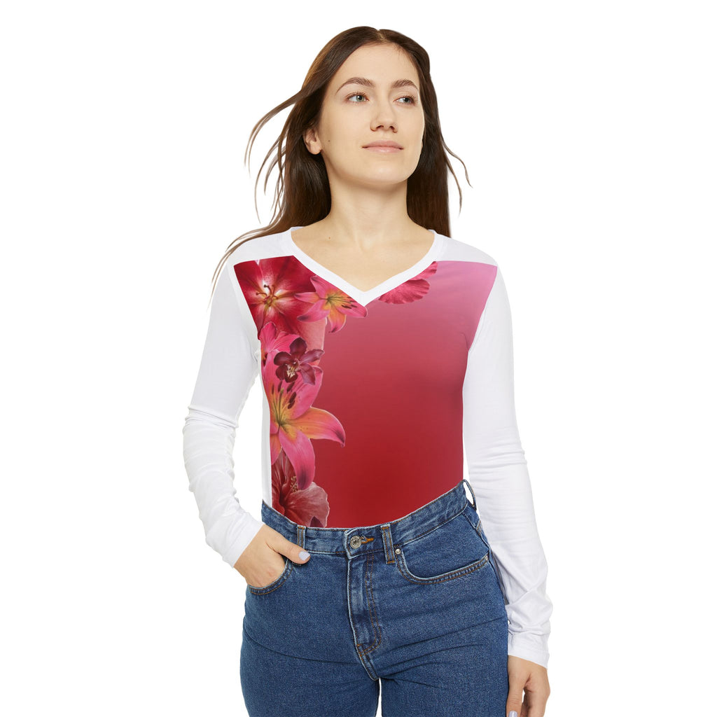 Bloom Gradient V-Neck Shirt | Floral Flow Long Sleeve Top | Ombre Blossom V-Neck Shirt | Garden Grace Long Sleeve Shirt | Floral Breeze V-Neck Top | Blooming Elegance Gradient Shirt | Petal Gradient Long Sleeve Top
