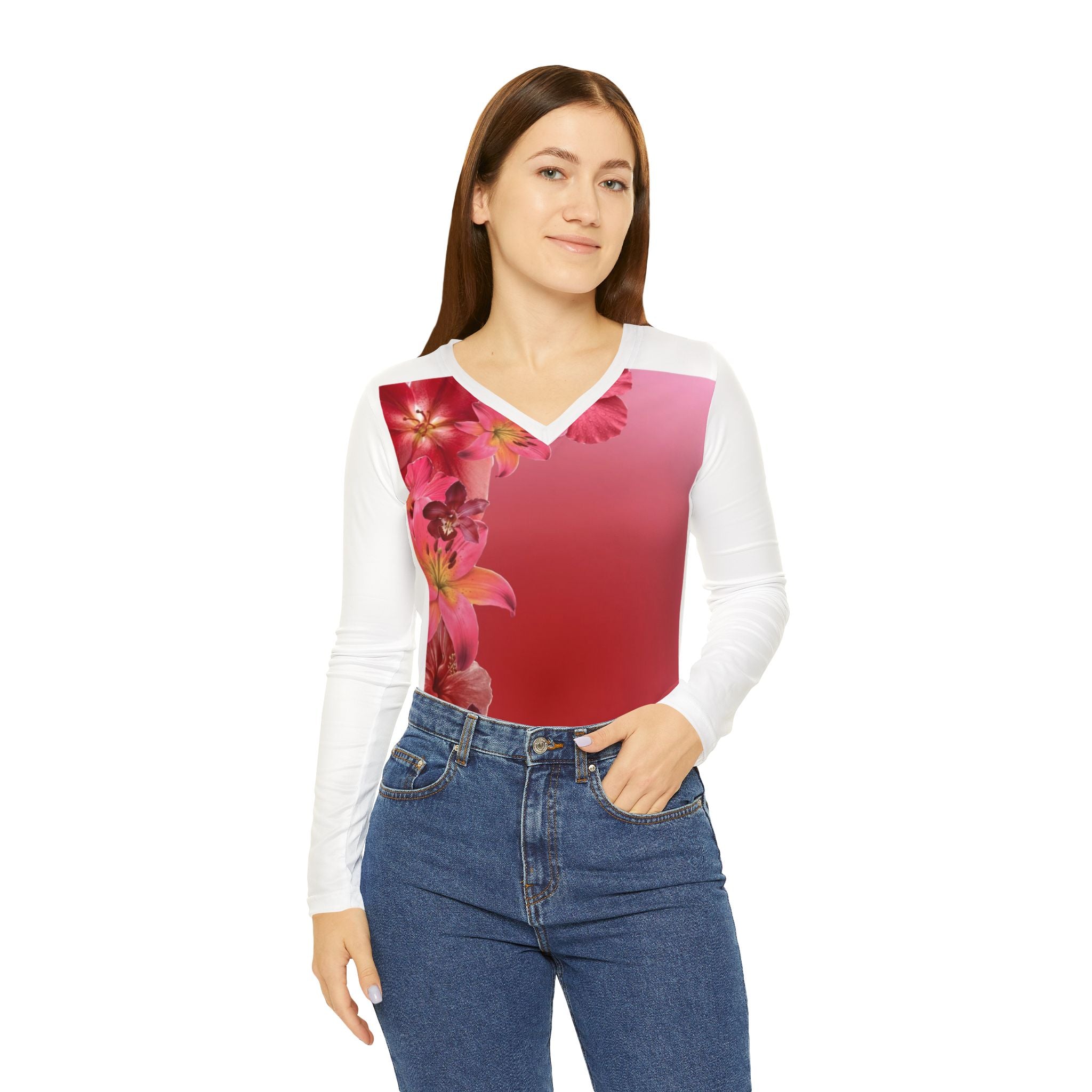 Bloom Gradient V-Neck Shirt | Floral Flow Long Sleeve Top | Ombre Blossom V-Neck Shirt | Garden Grace Long Sleeve Shirt | Floral Breeze V-Neck Top | Blooming Elegance Gradient Shirt | Petal Gradient Long Sleeve Top
