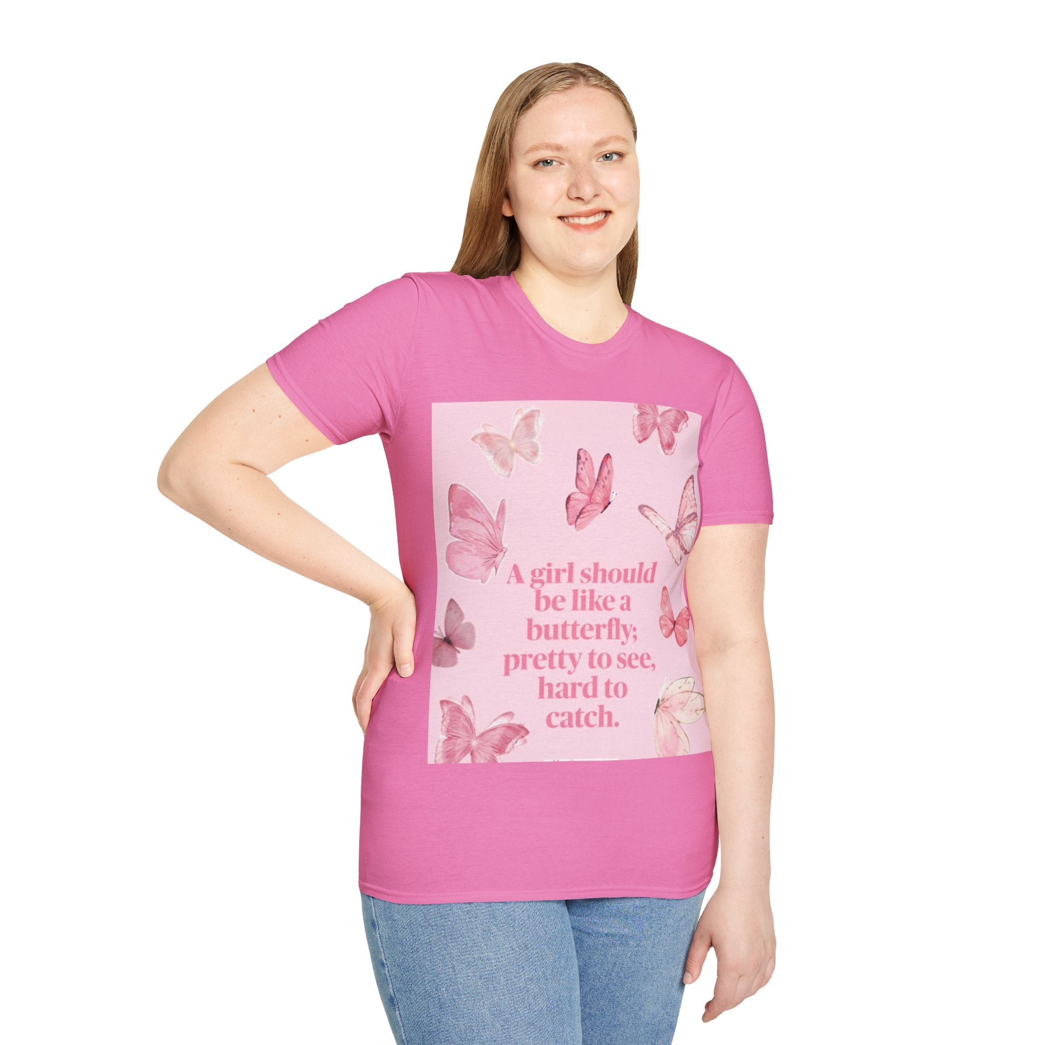 Pink Butterfly Quote Tee|Women's Butterfly Graphic T-Shirt|Inspirational Butterfly Shirt|A Girl Should Be Like Butterfly Tee|Feminine Quote Casual Tee|Butterfly Motivation T-Shirt|Pink Butterfly Women's Top|Positive Message Graphic Tee|Elegant Butterfly Print Shirt|Women's Inspirational Fashion Tee