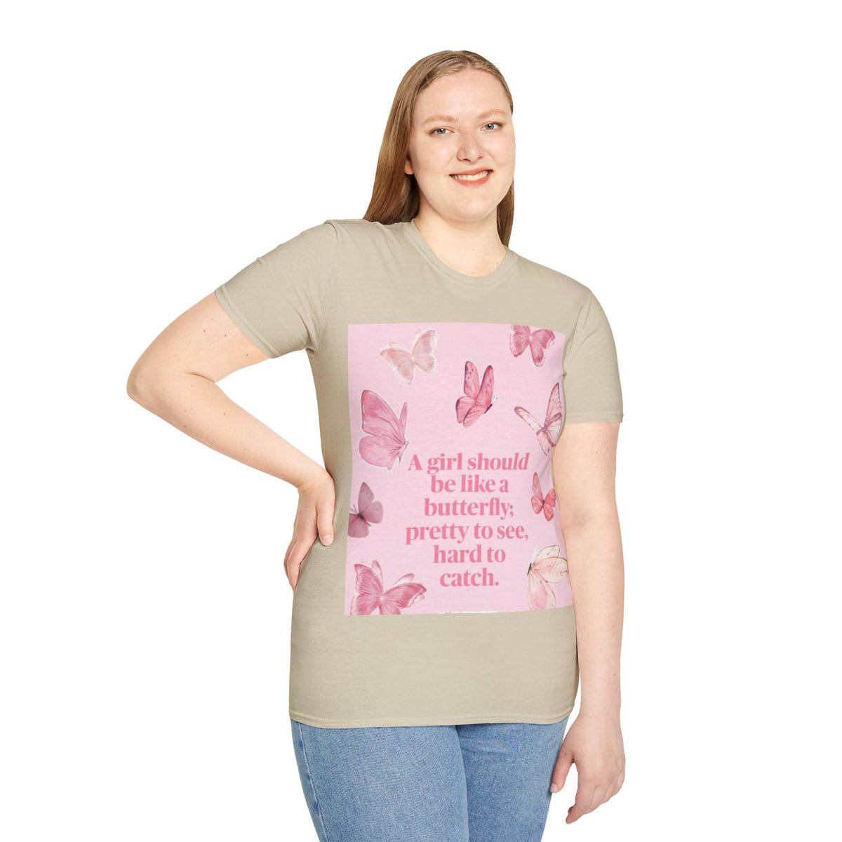 Pink Butterfly Quote Tee|Women's Butterfly Graphic T-Shirt|Inspirational Butterfly Shirt|A Girl Should Be Like Butterfly Tee|Feminine Quote Casual Tee|Butterfly Motivation T-Shirt|Pink Butterfly Women's Top|Positive Message Graphic Tee|Elegant Butterfly Print Shirt|Women's Inspirational Fashion Tee